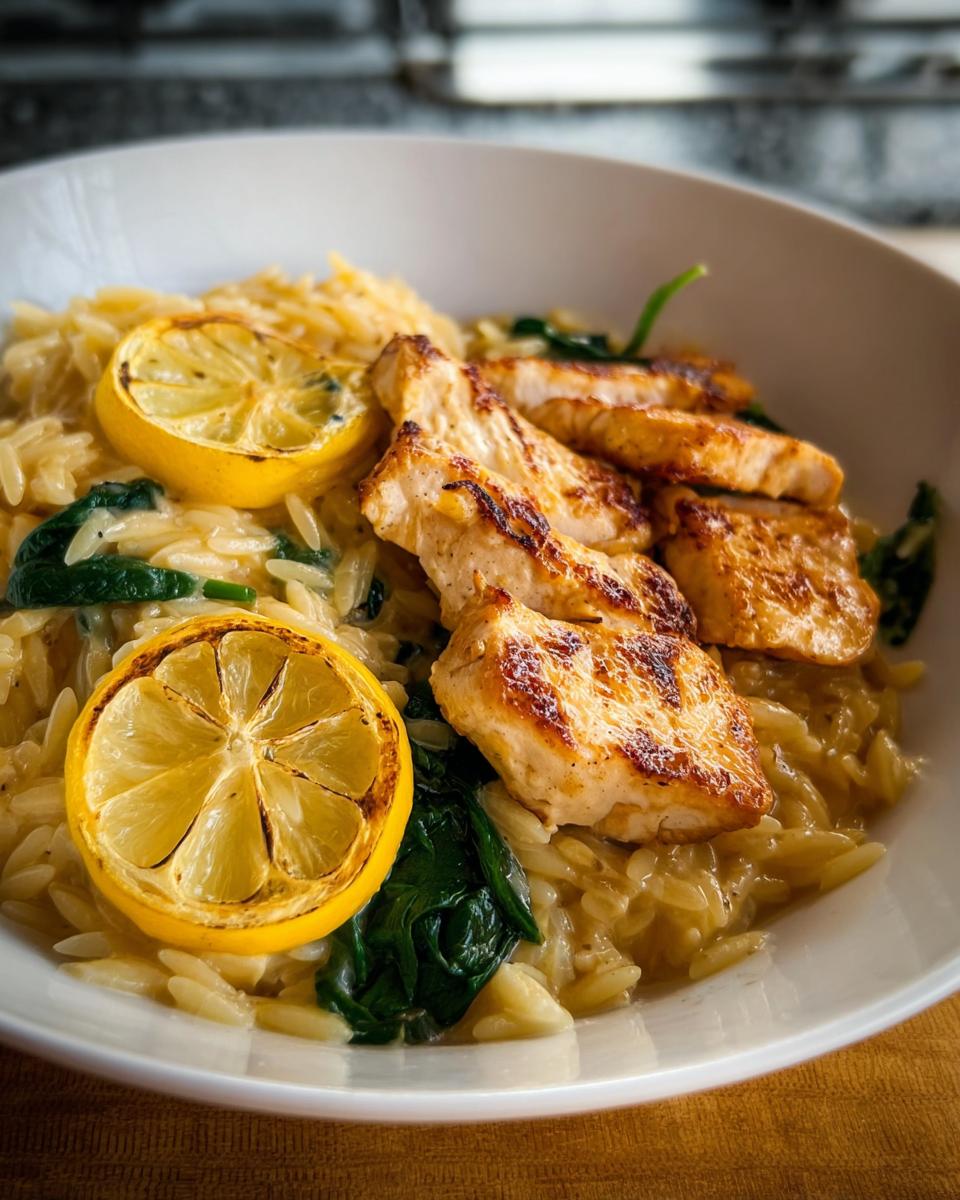 A bowl of creamy lemon garlic chicken risoni with spinach and lemon slices, perfect for pasta recipes for busy weeknights.