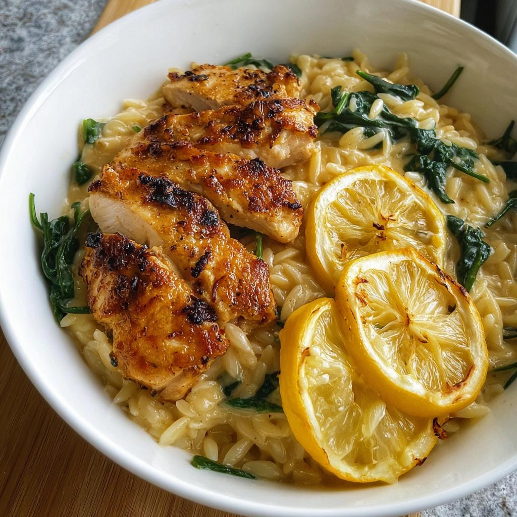 A bowl of creamy lemon garlic chicken risoni pasta with spinach and grilled chicken slices, garnished with lemon rounds.