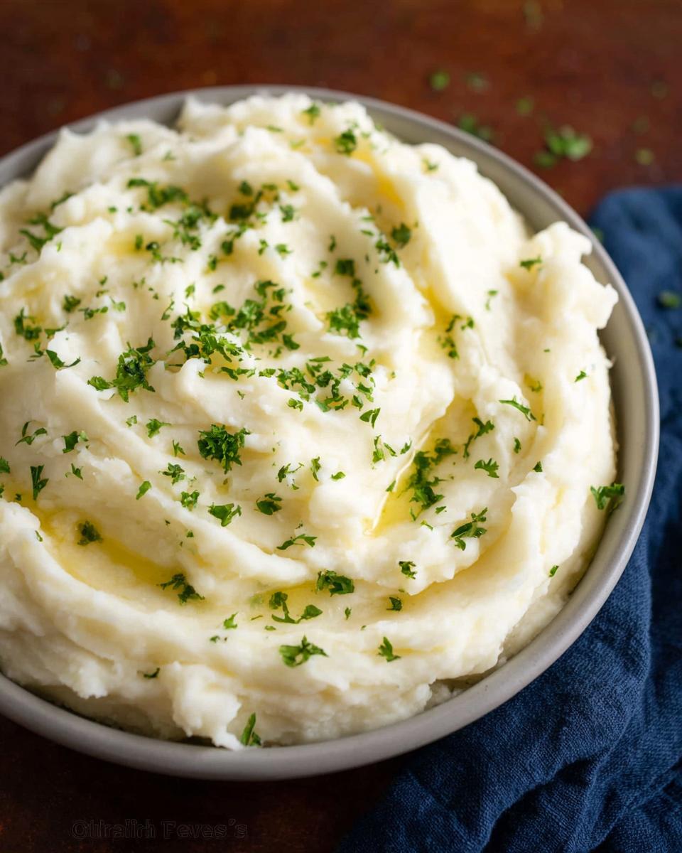 A close-up of a bowl filled with fluffy Creamy Mashed Potatoes, topped with melted butter and fresh chopped parsley.