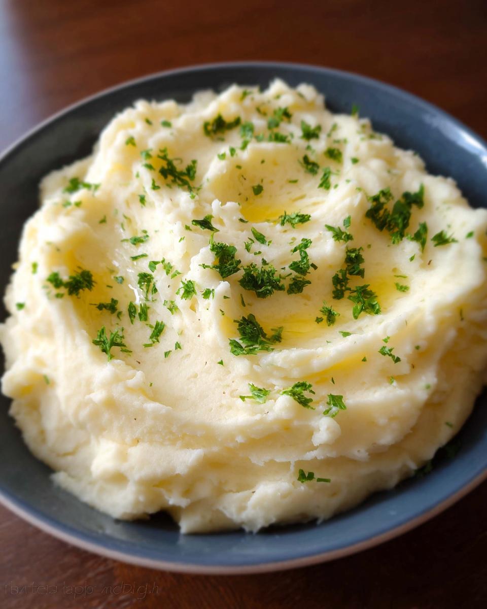 A close-up of fluffy Creamy Mashed Potatoes (Make Ahead) served in a dark blue bowl, topped with melted butter and fresh parsley.