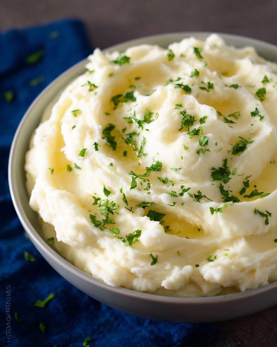 A close-up of a bowl filled with fluffy, rich Creamy Mashed Potatoes (Make Ahead), garnished with fresh chopped parsley.