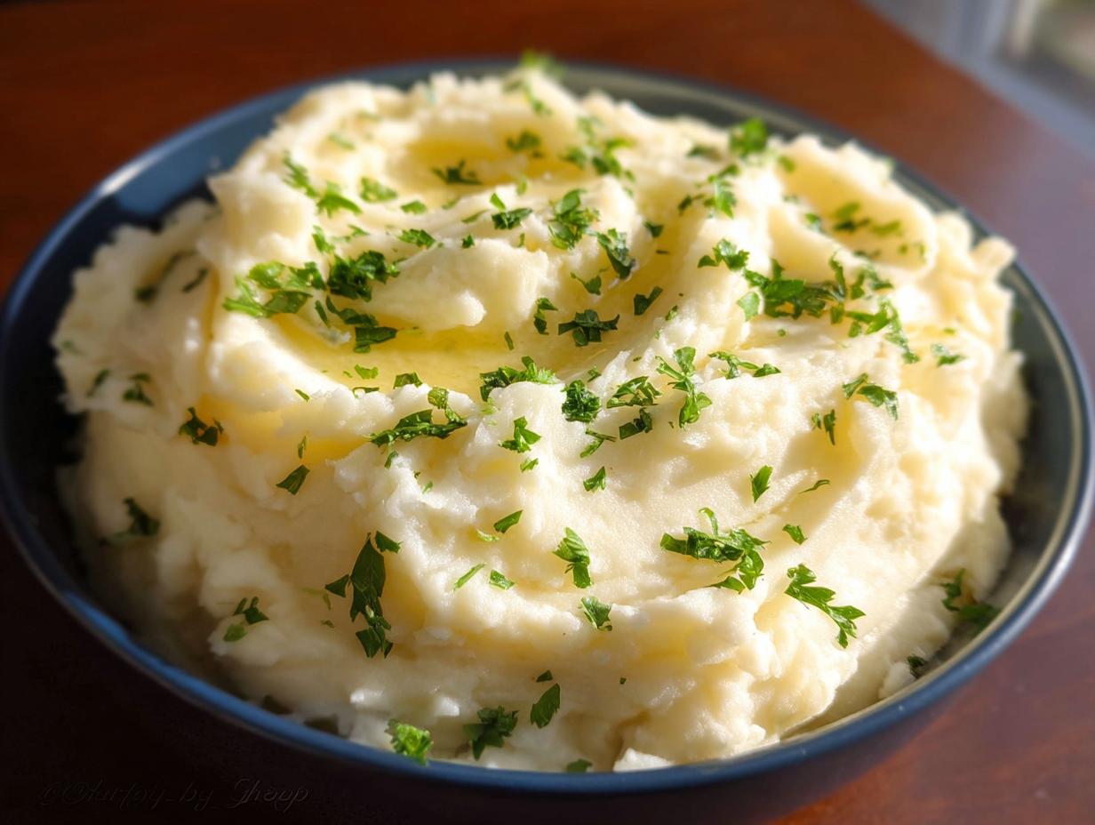 A close-up of fluffy Creamy Mashed Potatoes (Make Ahead) topped with melted butter and fresh chopped parsley in a blue bowl.