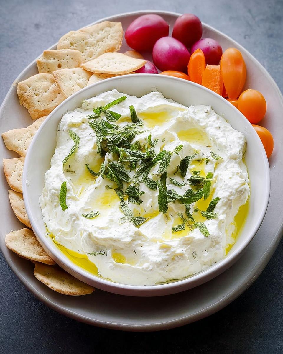 A bowl of creamy white dip topped with olive oil and fresh mint, served with crackers and fresh vegetables as one of the 25 Best NYE Snacks for a Crowd.