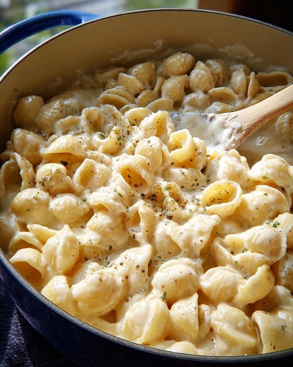 Close-up of shell pasta in a creamy cheese sauce, a quick and easy pasta recipe in 20 minutes.