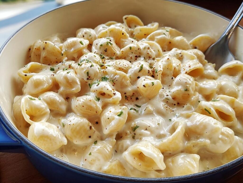 Close-up of creamy pasta shells in a blue pot, a quick and easy pasta recipe in 20 minutes.