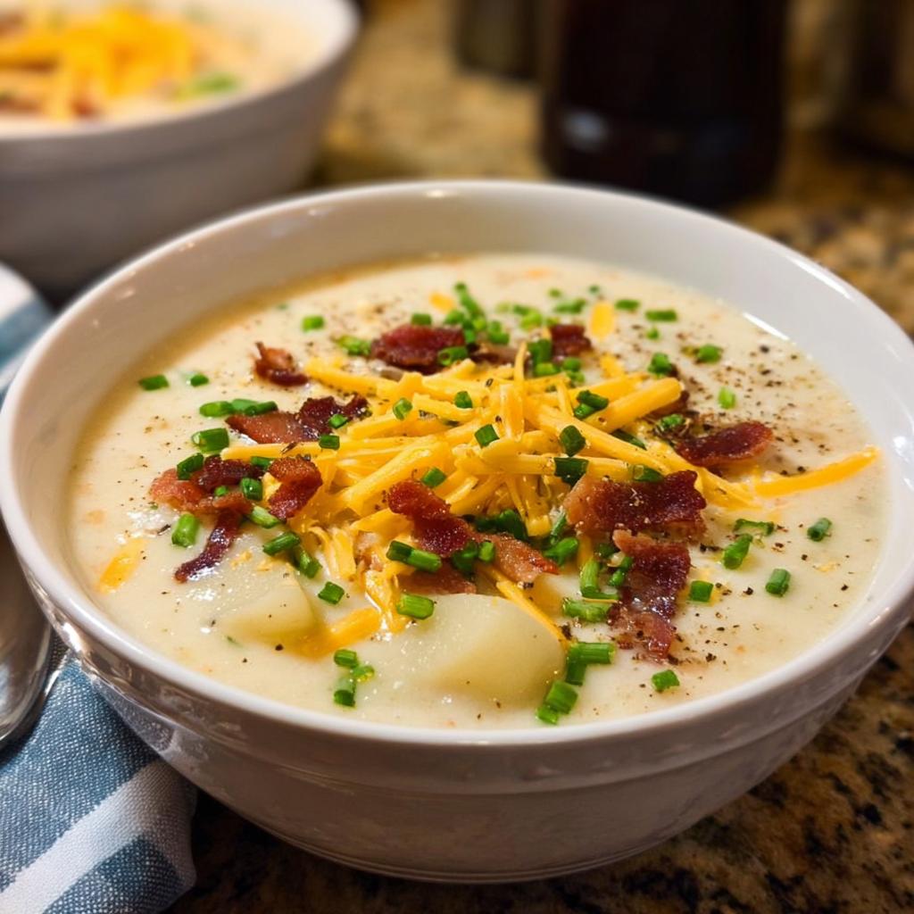 A close-up of a bowl of creamy Potato Soup topped generously with shredded cheddar, bacon bits, and fresh chives.