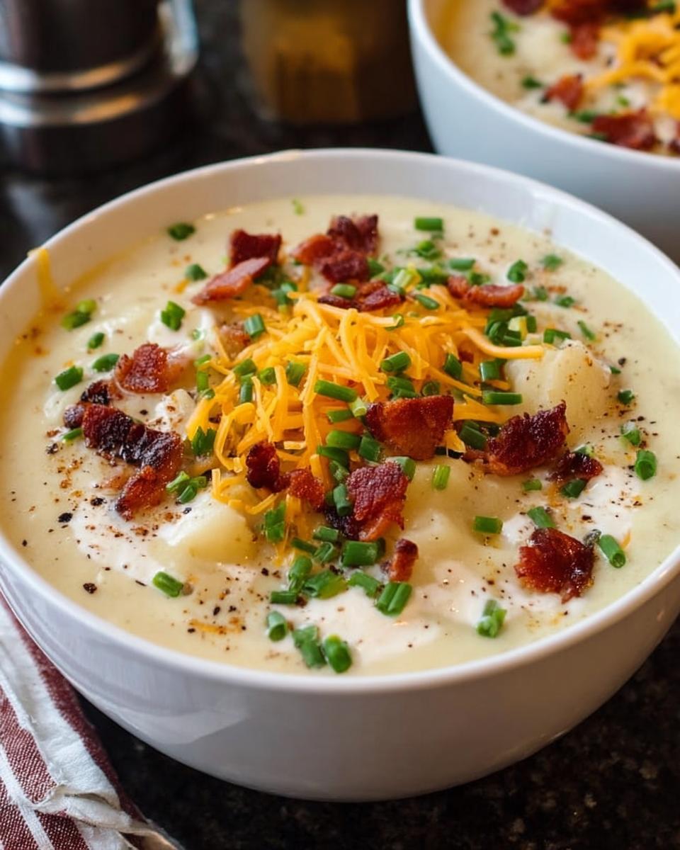 A close-up of a bowl of creamy Potato Soup topped generously with shredded cheddar, bacon bits, and fresh chives.