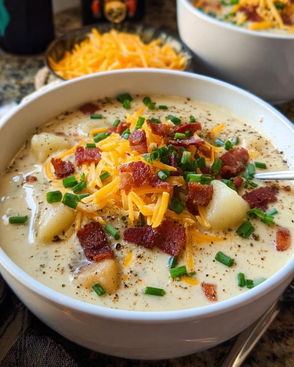 Close-up of a creamy Potato Soup topped with shredded cheddar cheese, bacon bits, and fresh chives.