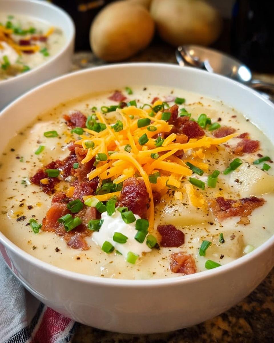 Close-up of a creamy Potato Soup topped generously with shredded cheddar, crispy bacon bits, sour cream, and chives.
