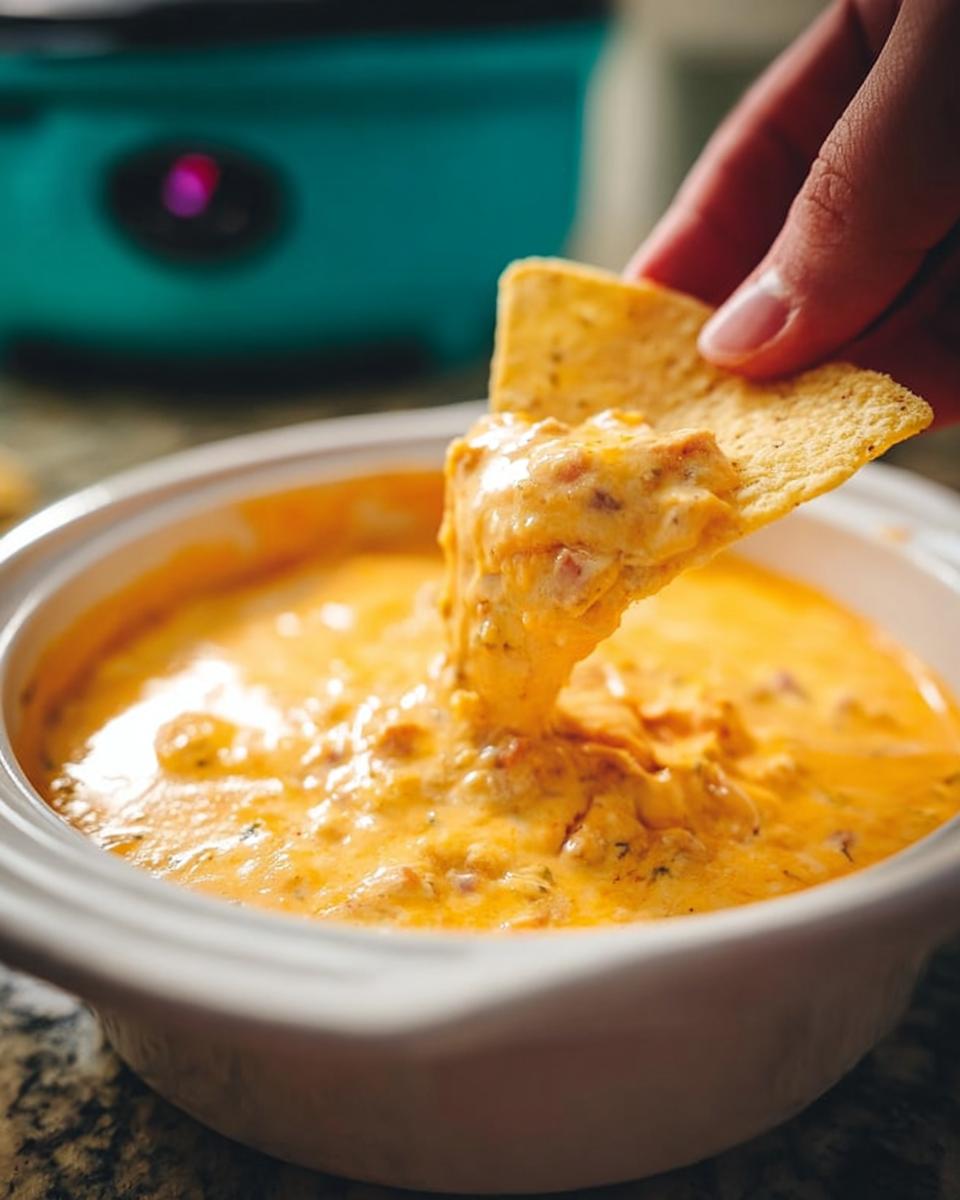 A hand dips a tortilla chip into a bowl of creamy, orange Queso Dip, showing the thick texture.