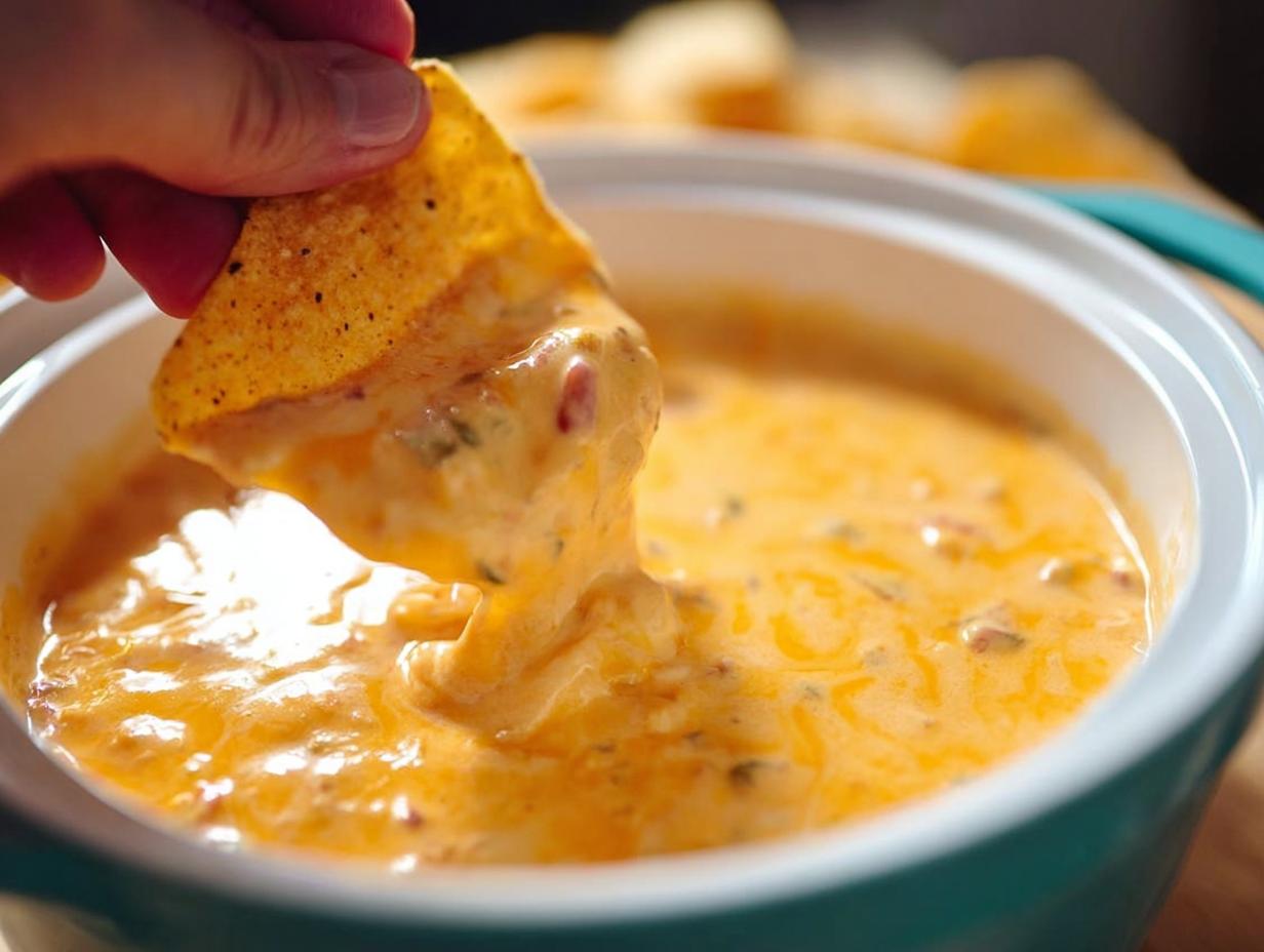 A hand dips a tortilla chip into a bowl of creamy, orange Queso Dip featuring visible specks of peppers and spices.