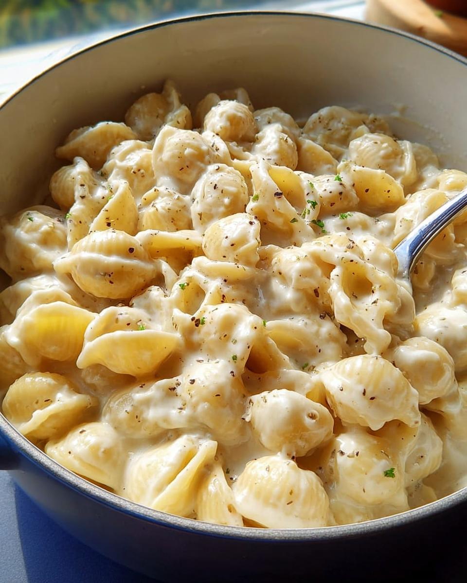 Close-up of creamy shell pasta in a bowl, seasoned with black pepper and herbs. A quick and easy pasta recipe.
