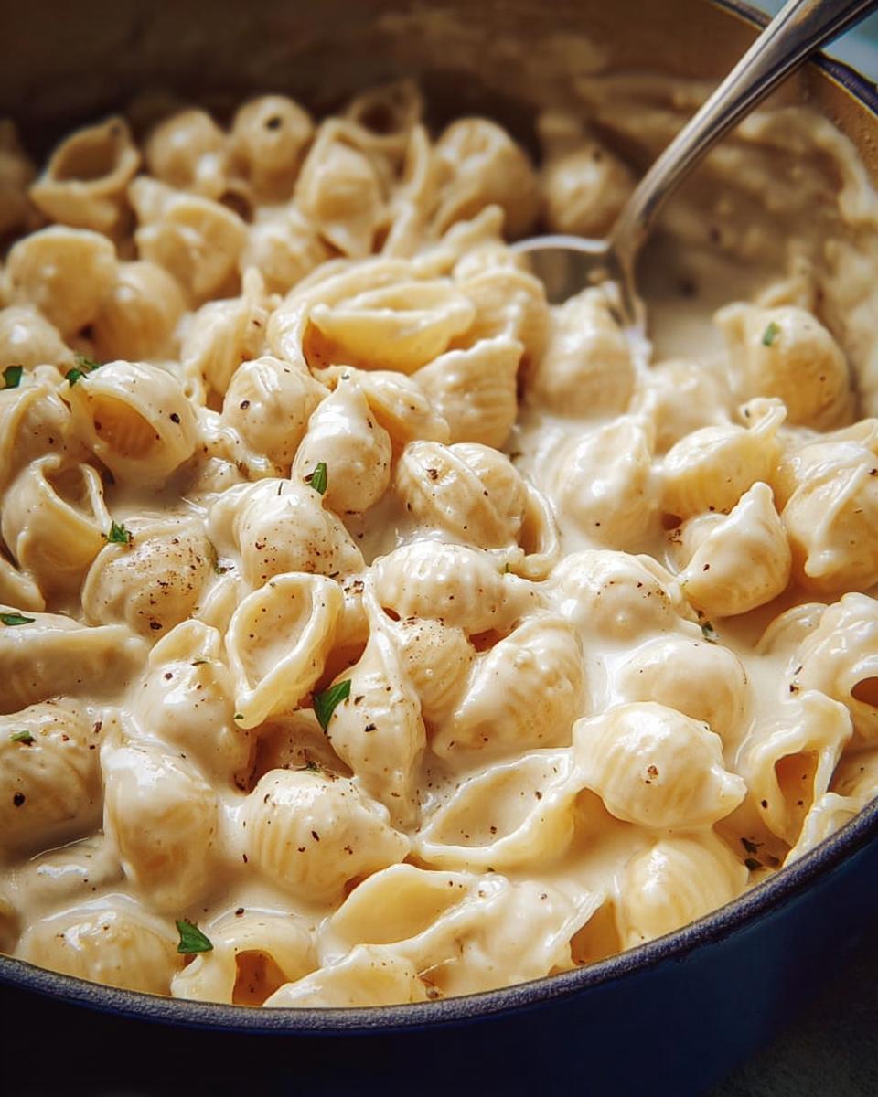 Close-up of creamy shell pasta in a pot, a perfect example of Pasta Recipes in 20 Minutes.