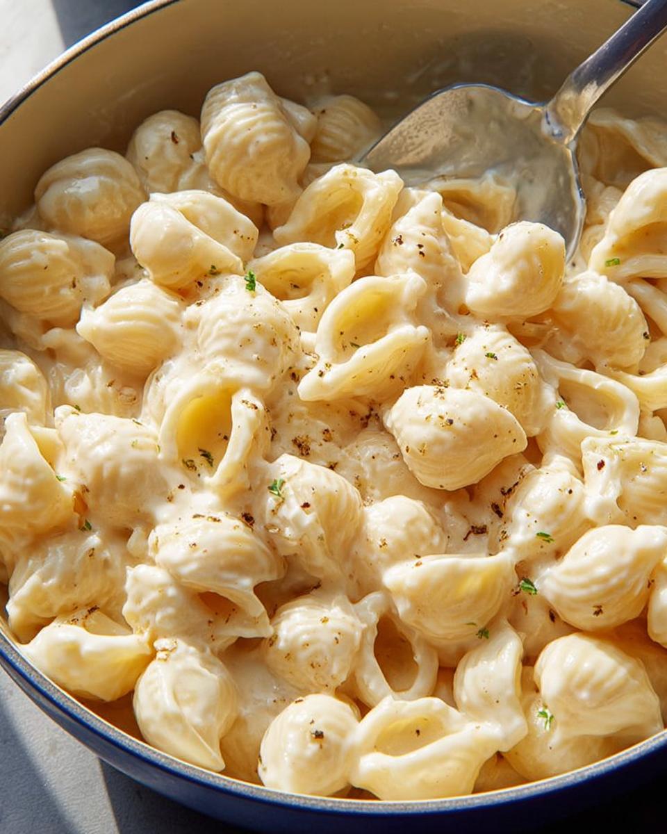 Close-up of creamy shell pasta, a quick and easy dish from our Pasta Recipes in 20 Minutes collection.