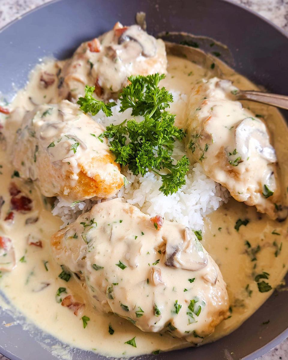 Four pieces of Creamy Smothered Chicken served over white rice and covered in a rich mushroom cream sauce.