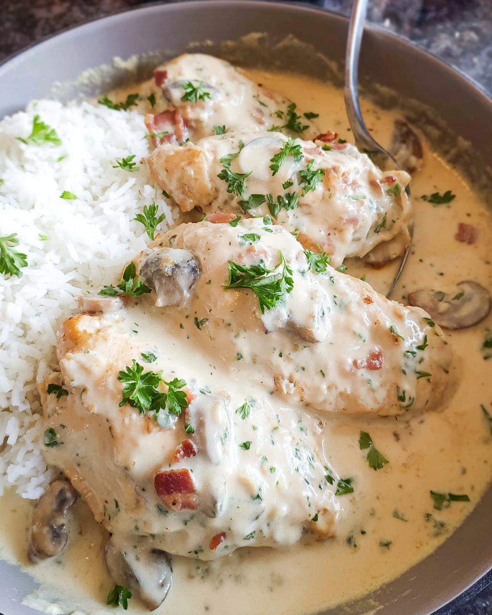 Close-up of Creamy Smothered Chicken and Rice topped with mushrooms, bacon bits, and parsley.