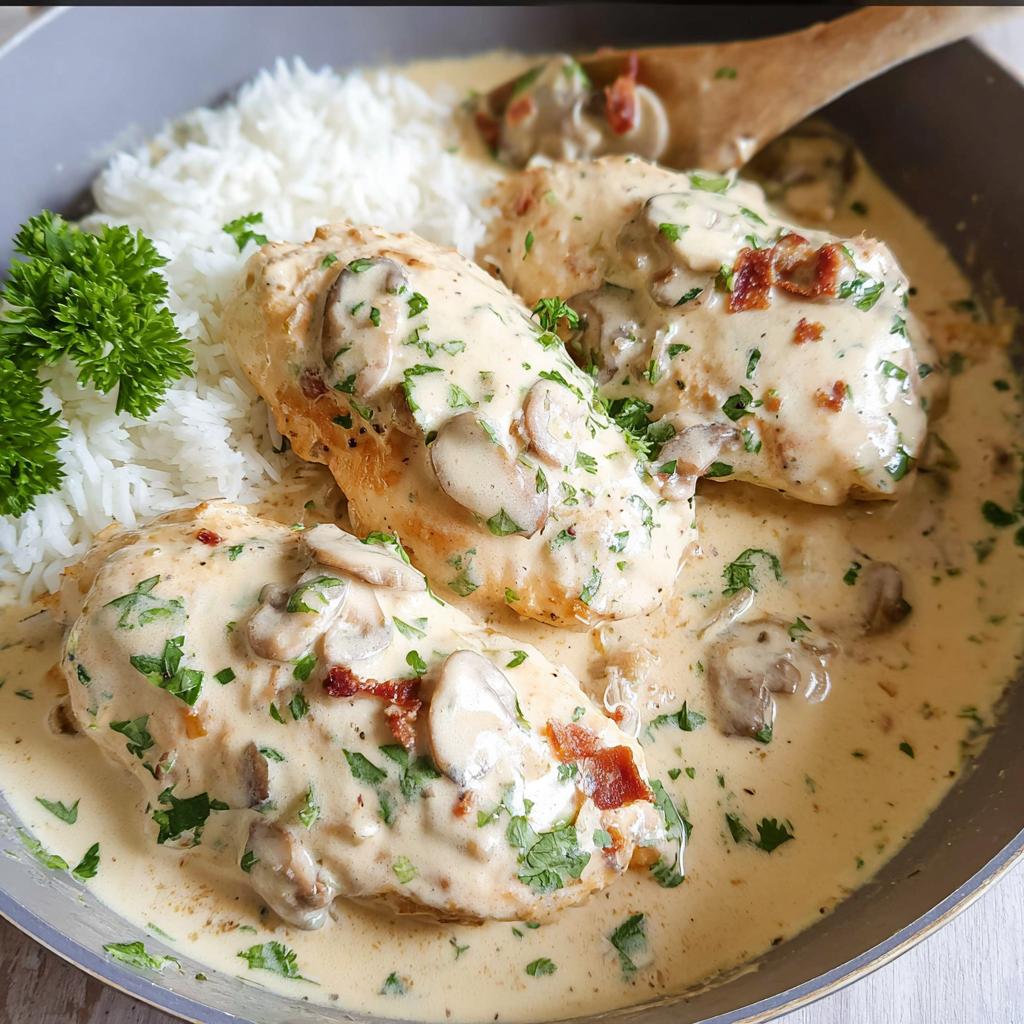 Three chicken breasts smothered in creamy mushroom sauce served with white rice for the Creamy Creamy Smothered Chicken and Rice Recipe.
