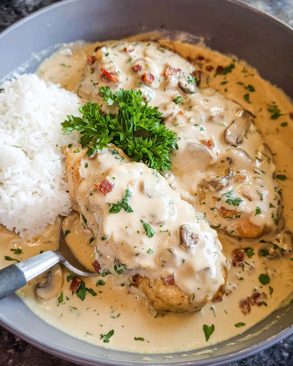 Close-up of Creamy Smothered Chicken and Rice Recipe, featuring chicken breasts covered in a rich mushroom sauce with bacon bits and parsley.