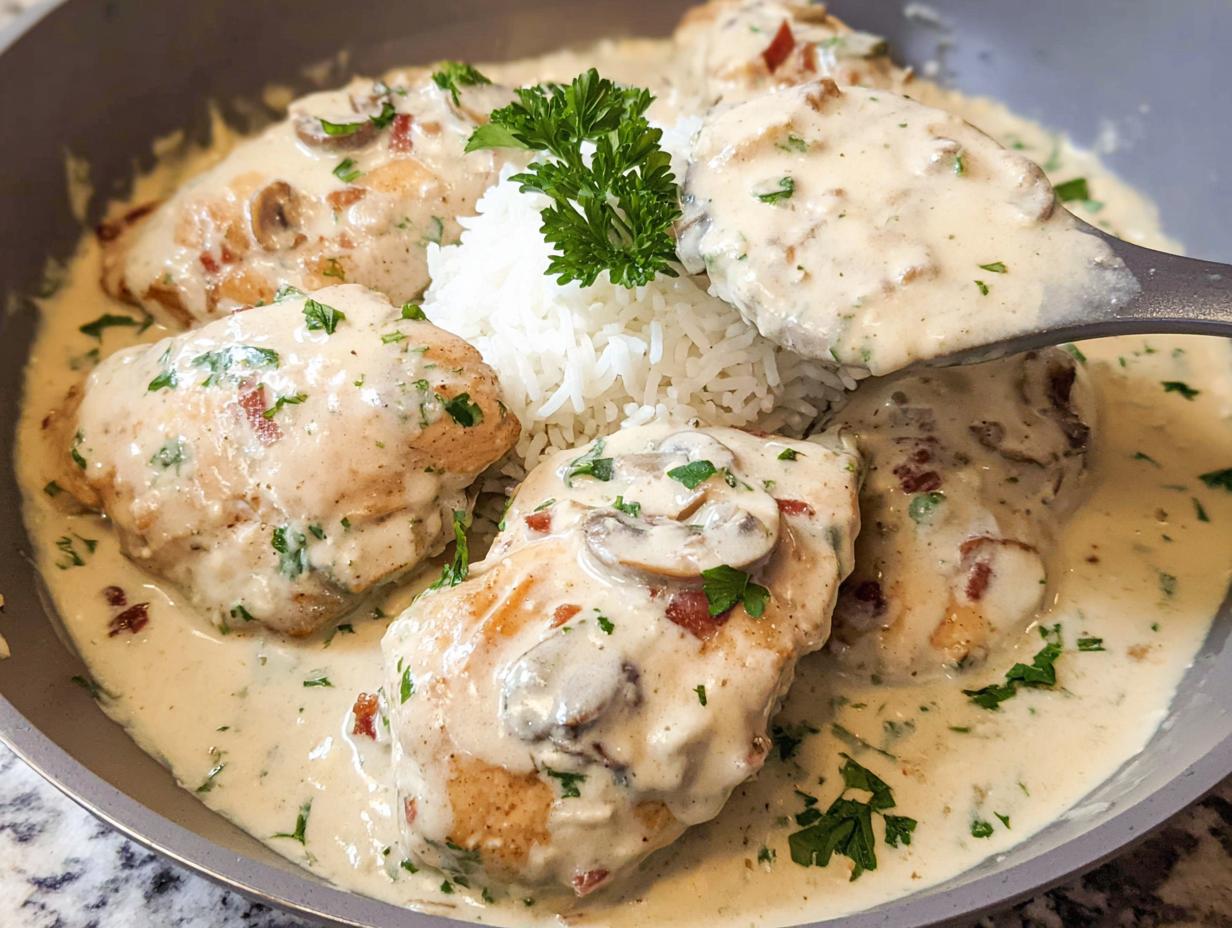 Four pieces of Creamy Smothered Chicken served over white rice in a skillet, covered in mushroom cream sauce.