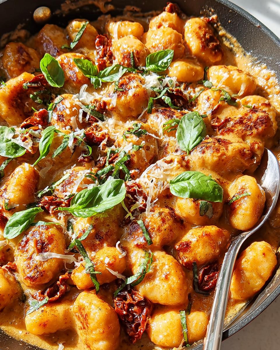 Close-up of creamy sun-dried tomato gnocchi in a skillet, garnished with basil and parmesan, perfect for easy dinner recipes.