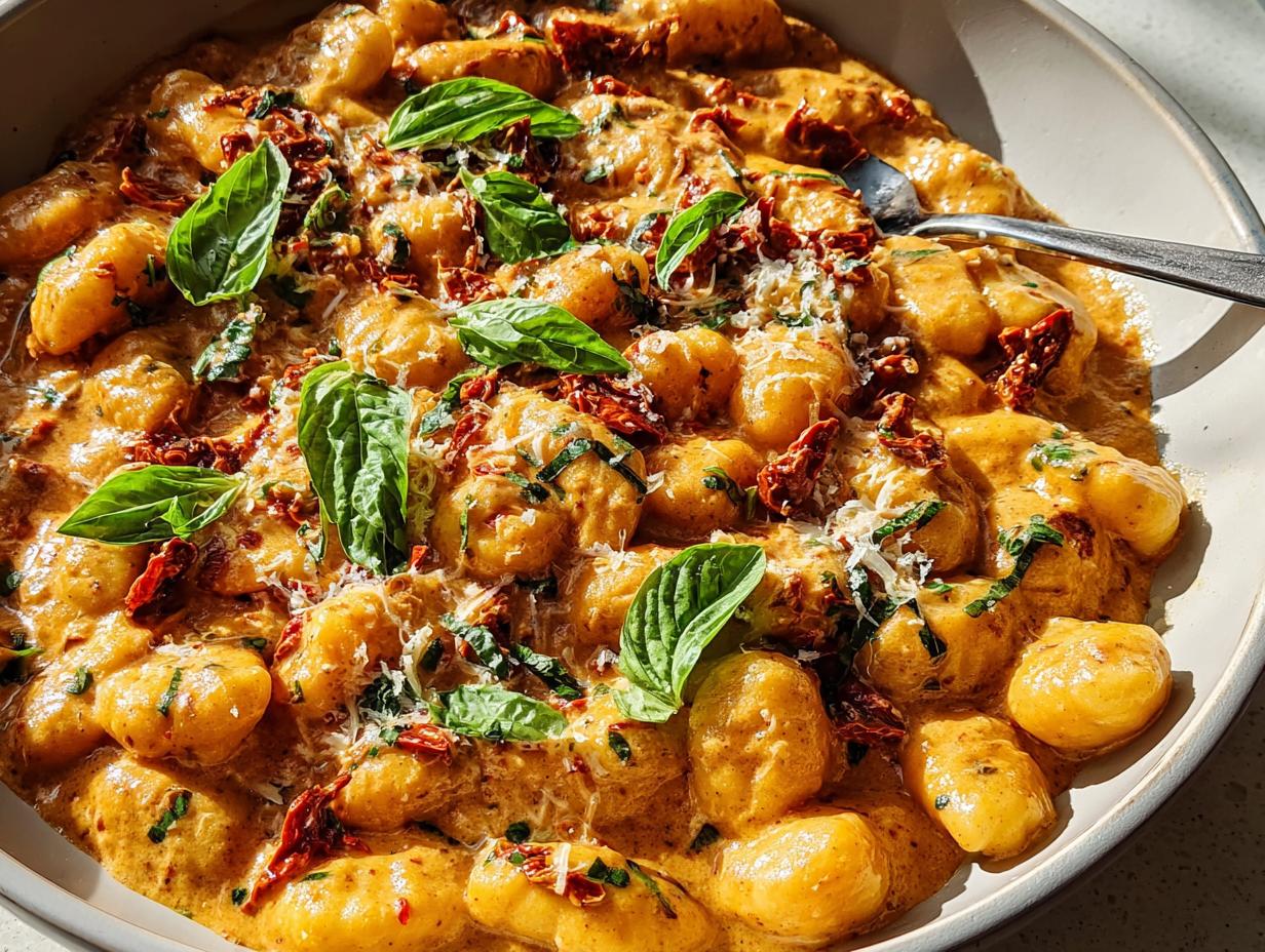 A close-up of creamy sun-dried tomato gnocchi, garnished with fresh basil and parmesan, perfect for easy dinner recipes.