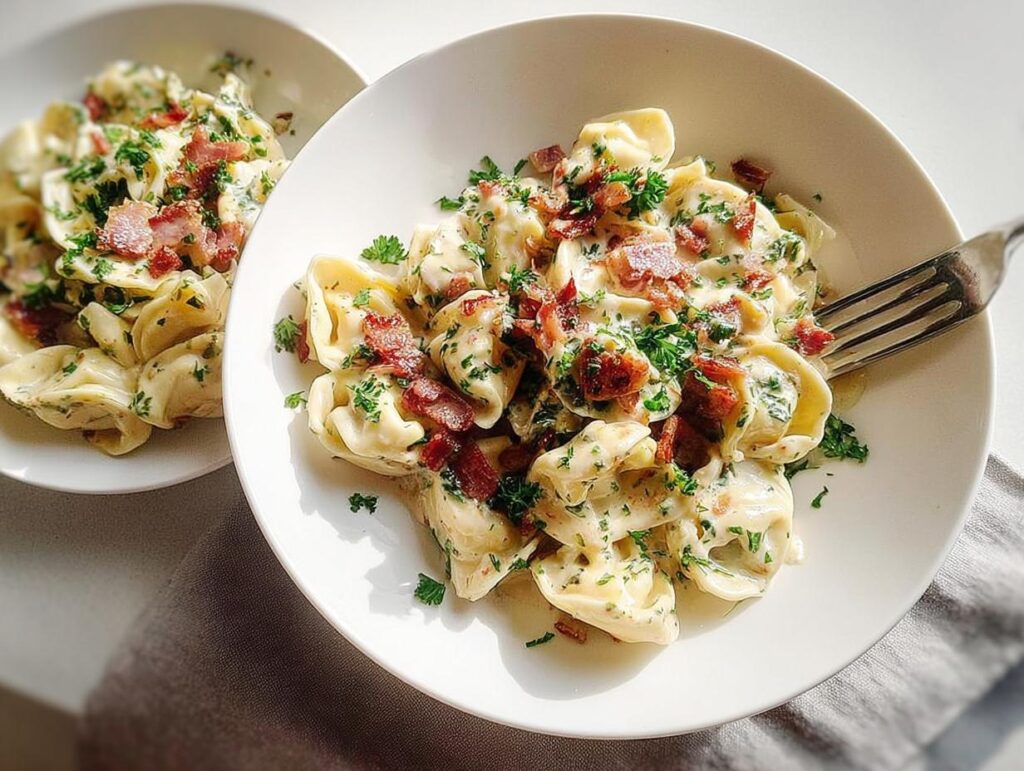 Two bowls of creamy tortellini pasta topped with crispy bacon bits and fresh parsley, a perfect 5-ingredient pasta recipe.