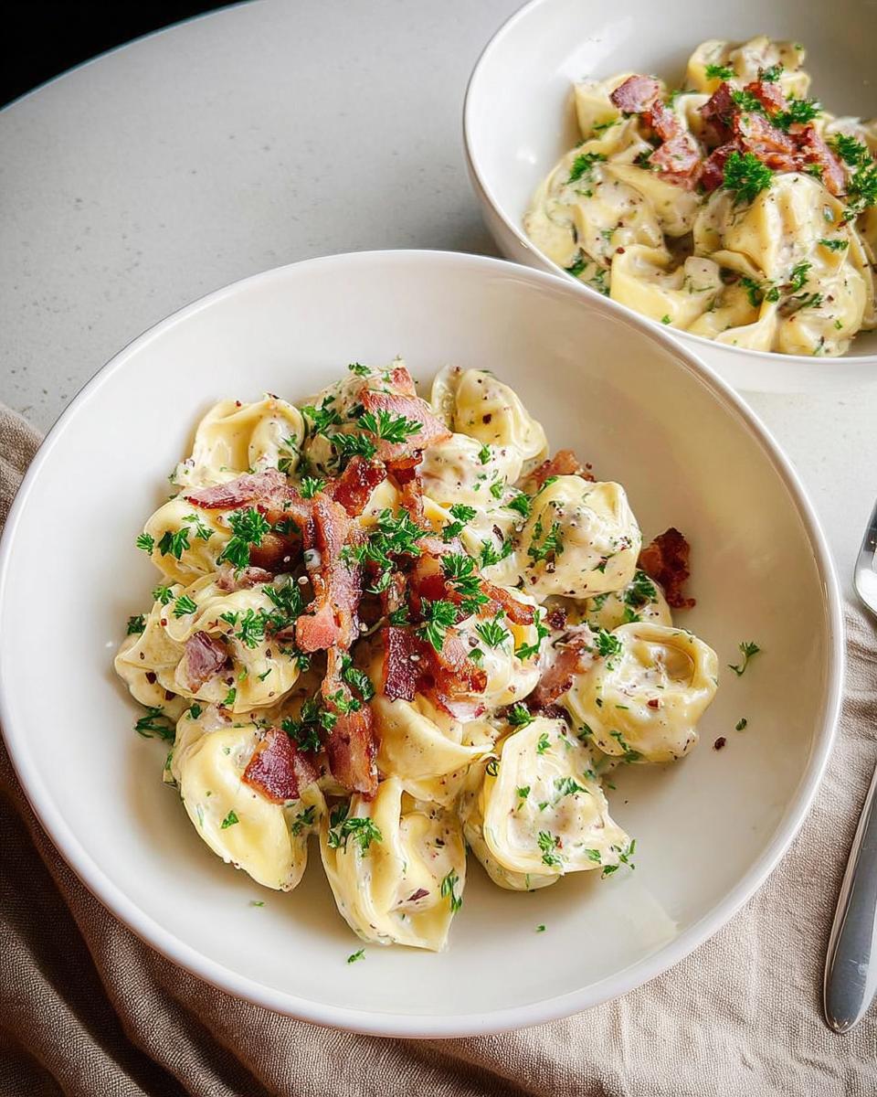 Two bowls of creamy tortellini pasta topped with crispy bacon and fresh parsley, a perfect 5-Ingredient Pasta Recipe.