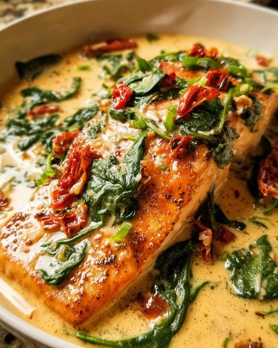 A perfectly seared fillet of Creamy Tuscan Salmon topped with wilted spinach and sun-dried tomatoes in a rich cream sauce.