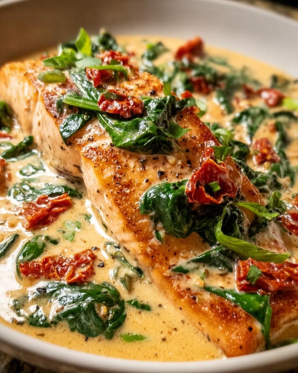 Close-up of a perfectly seared Creamy Tuscan Salmon fillet swimming in a rich, creamy sauce with spinach and sun-dried tomatoes.