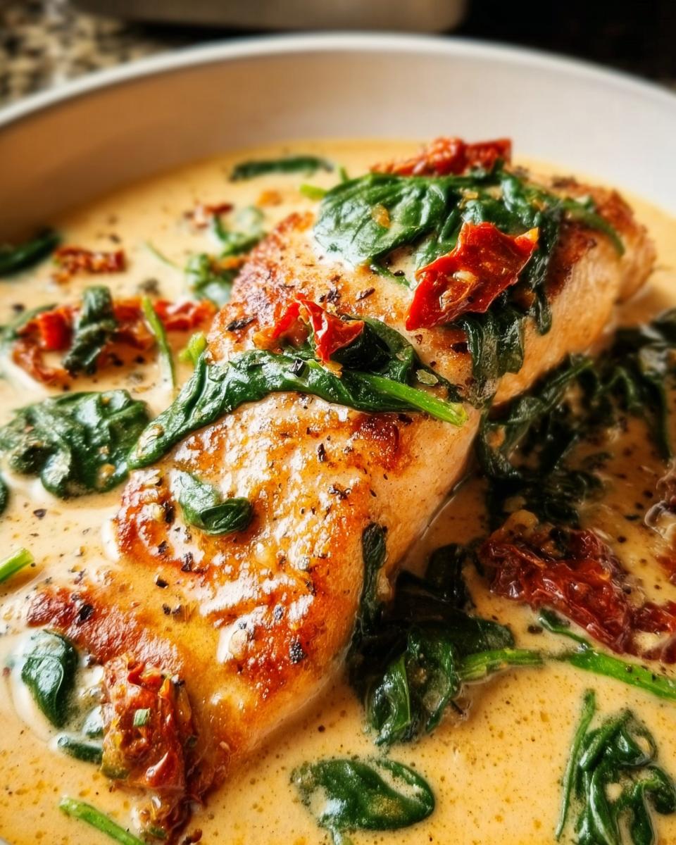 Close-up of a seared salmon fillet topped with spinach and sun-dried tomatoes in a rich Creamy Tuscan Salmon sauce.