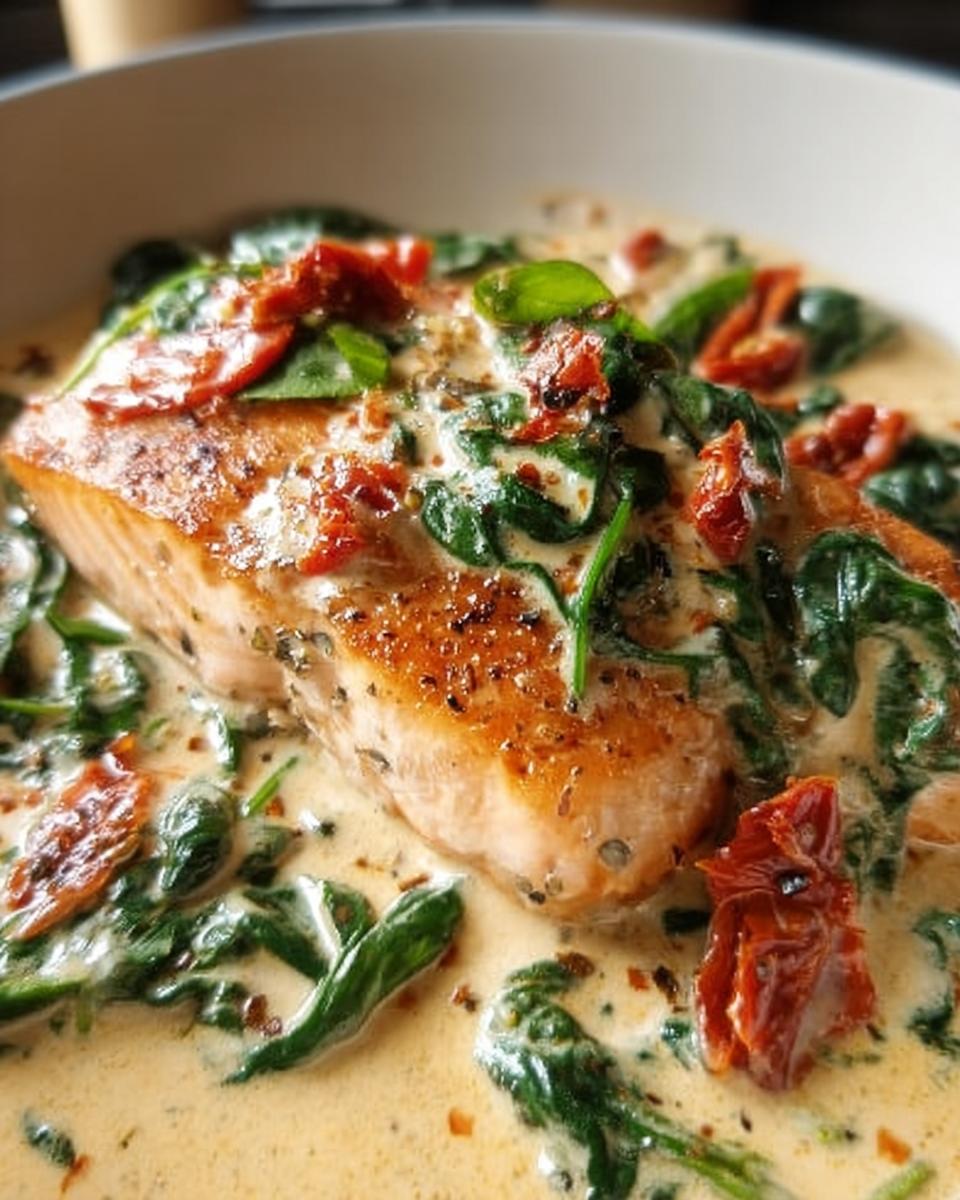 Close-up of a perfectly seared fillet of Creamy Tuscan Salmon topped with spinach and sun-dried tomatoes.