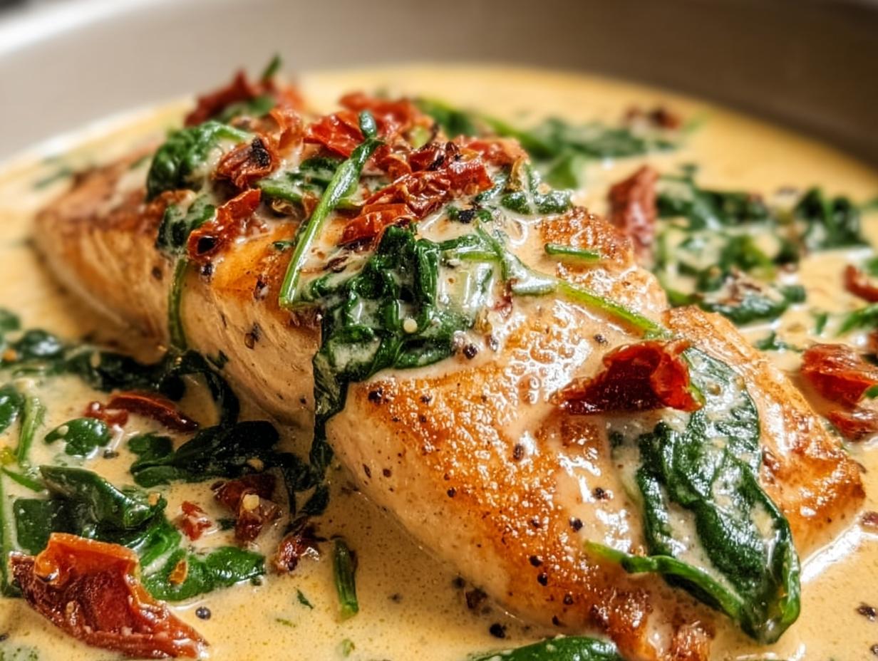 Close-up of a seared salmon fillet smothered in creamy Tuscan sauce with spinach and sun-dried tomatoes, featuring the Creamy Tuscan Salmon.