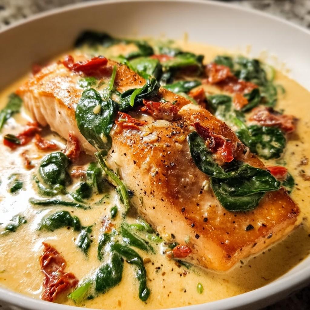 Close-up of a seared salmon fillet in rich, creamy sauce with spinach and sun-dried tomatoes: Creamy Tuscan Salmon.
