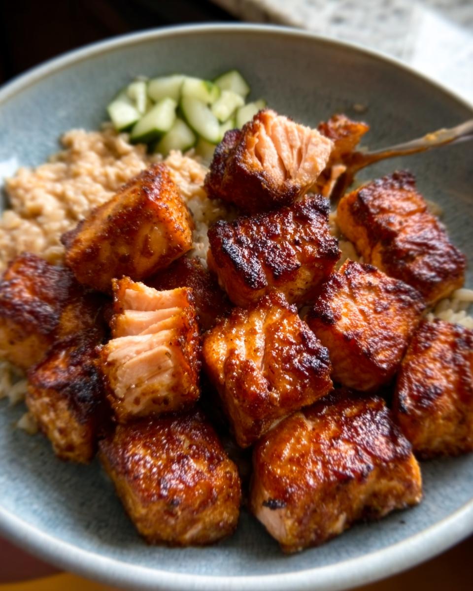 Close-up of crispy Air Fryer Salmon bites served over rice with sliced cucumbers.