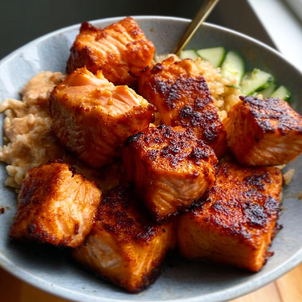 Close-up of crispy Air Fryer Salmon bites served over rice and topped with sliced cucumbers.