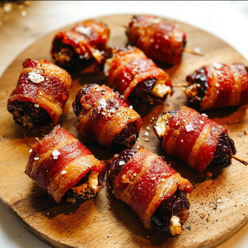 Close-up of warm, crispy Bacon-Wrapped Dates stuffed with cheese, sprinkled with sea salt, served on a wooden board.