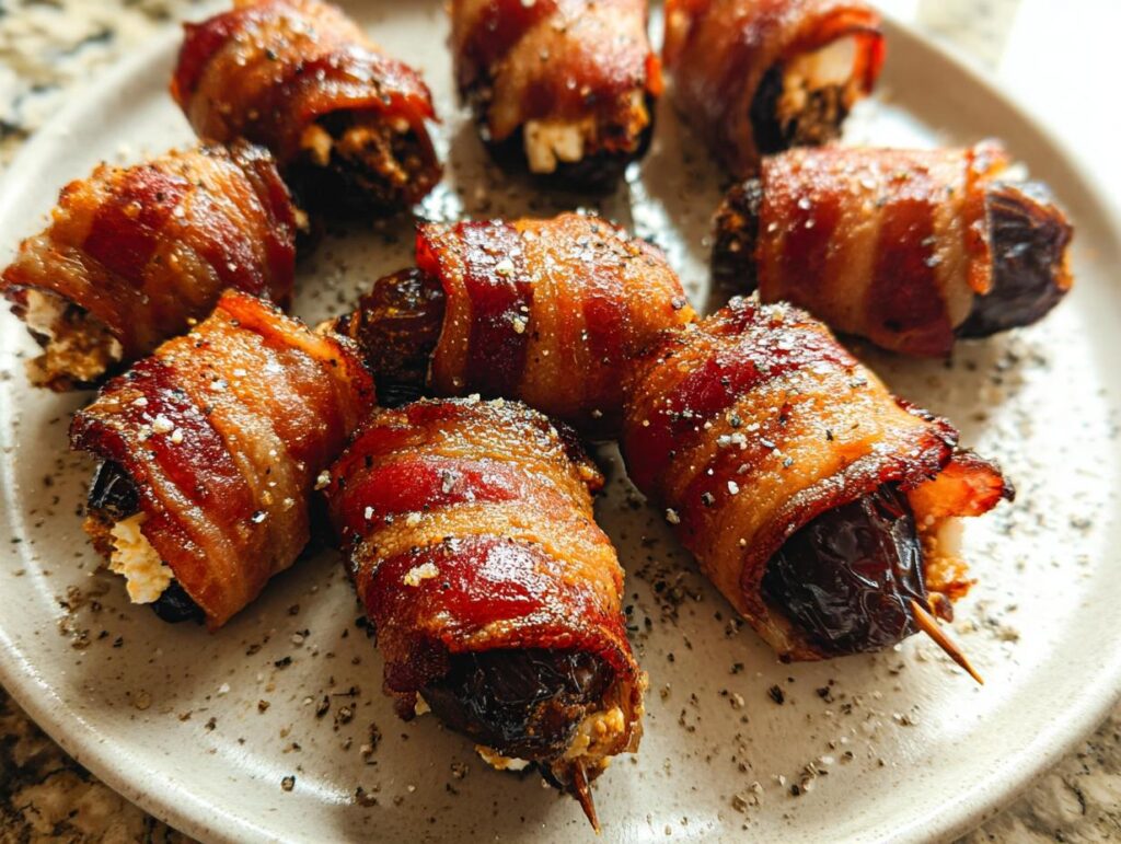 Close-up of several crispy, glazed Bacon-Wrapped Dates stuffed with cheese, sprinkled with pepper.