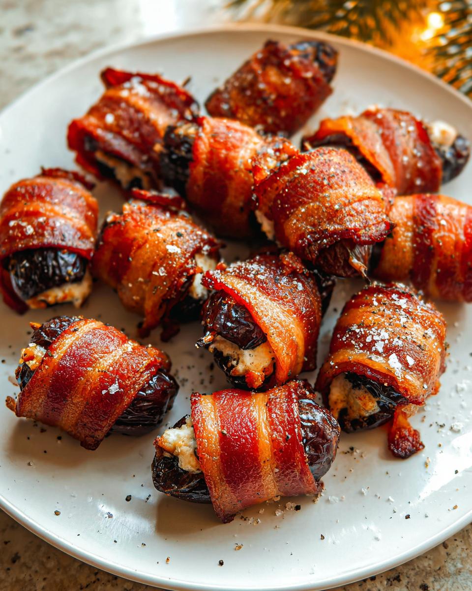 A plate of delicious, crispy Bacon-Wrapped Dates stuffed with cheese, sprinkled with salt.