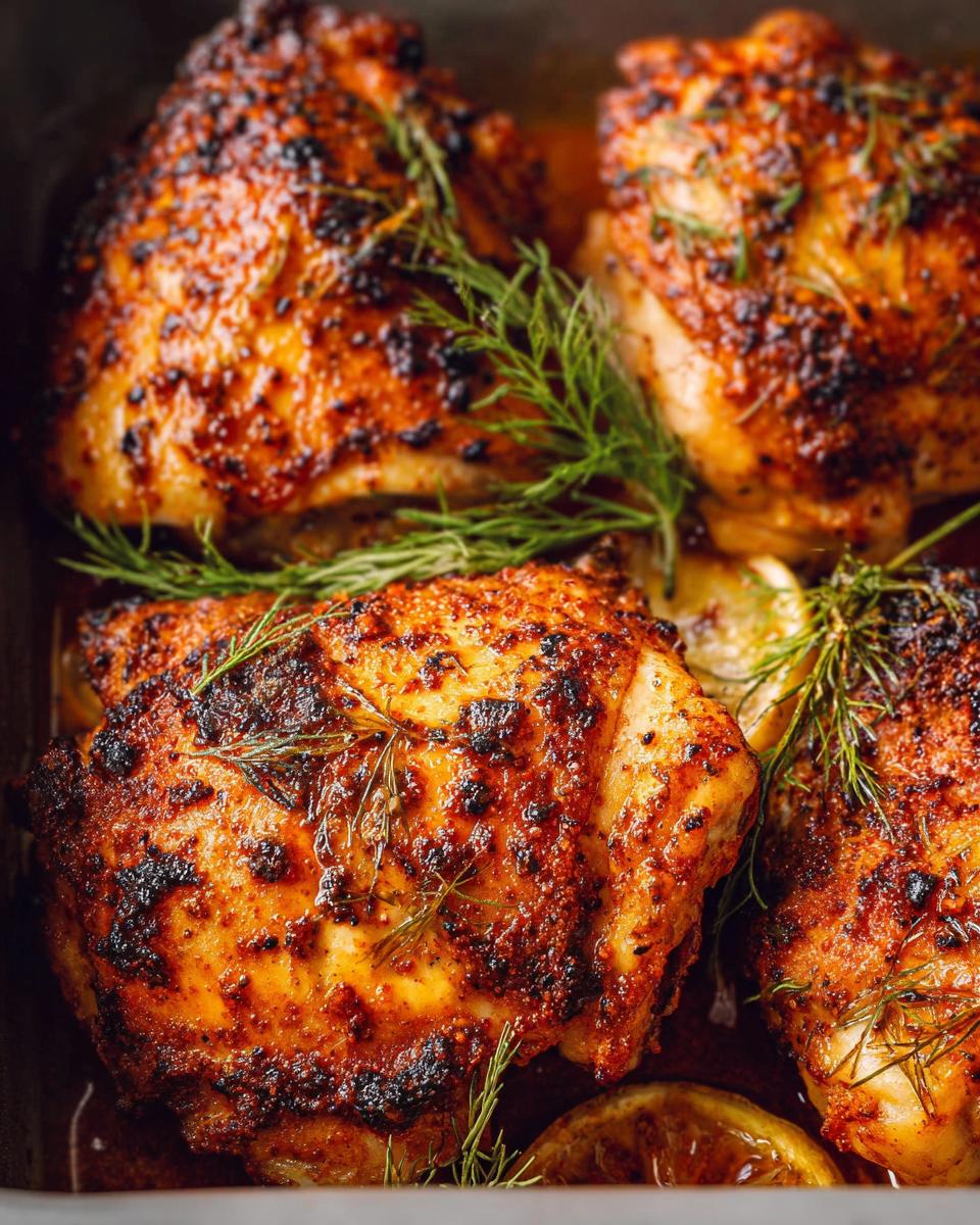Close-up of four perfectly baked chicken thighs with crispy skin, garnished with fresh dill and lemon slices.