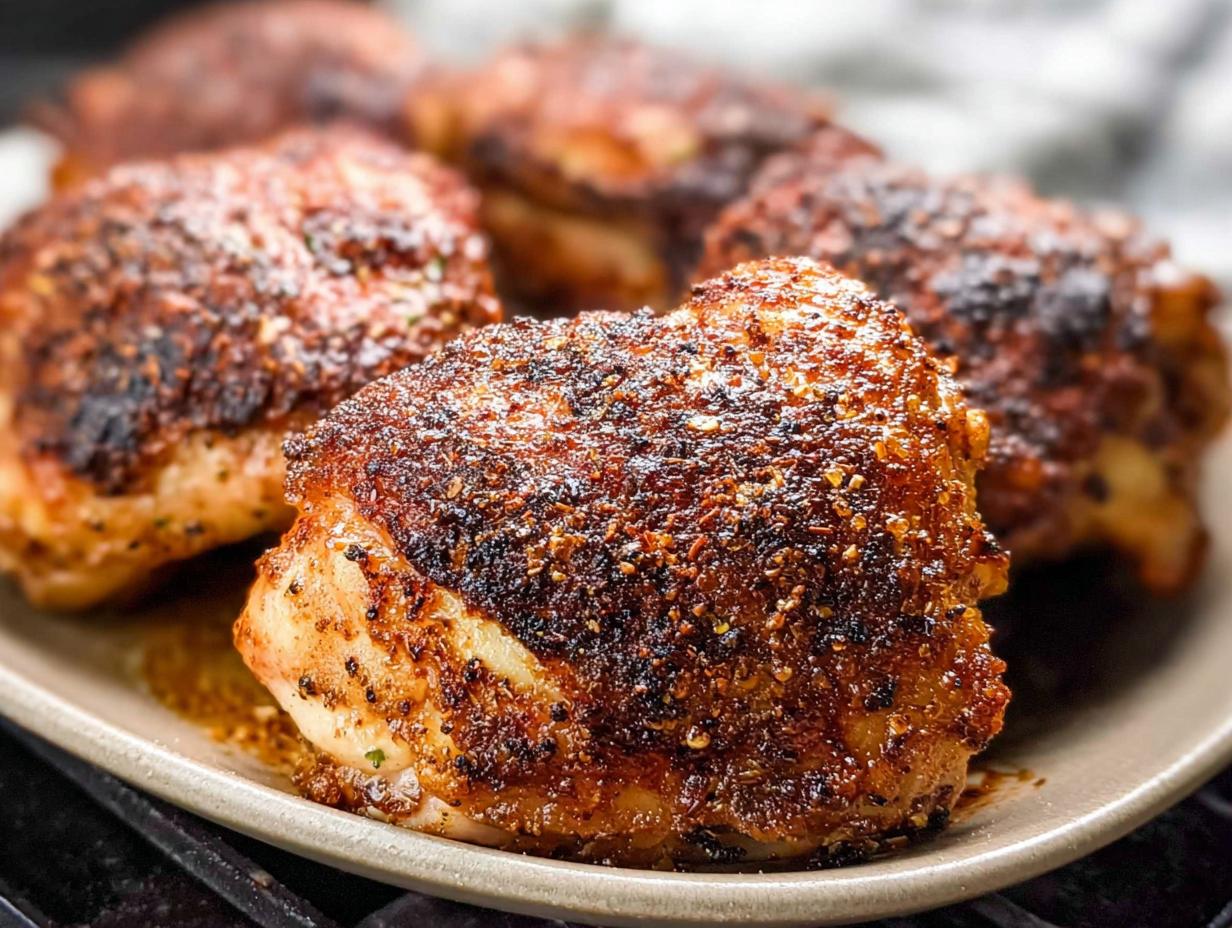 Close-up of perfectly seasoned and crispy baked chicken thighs, showcasing a juicy interior and golden-brown skin.