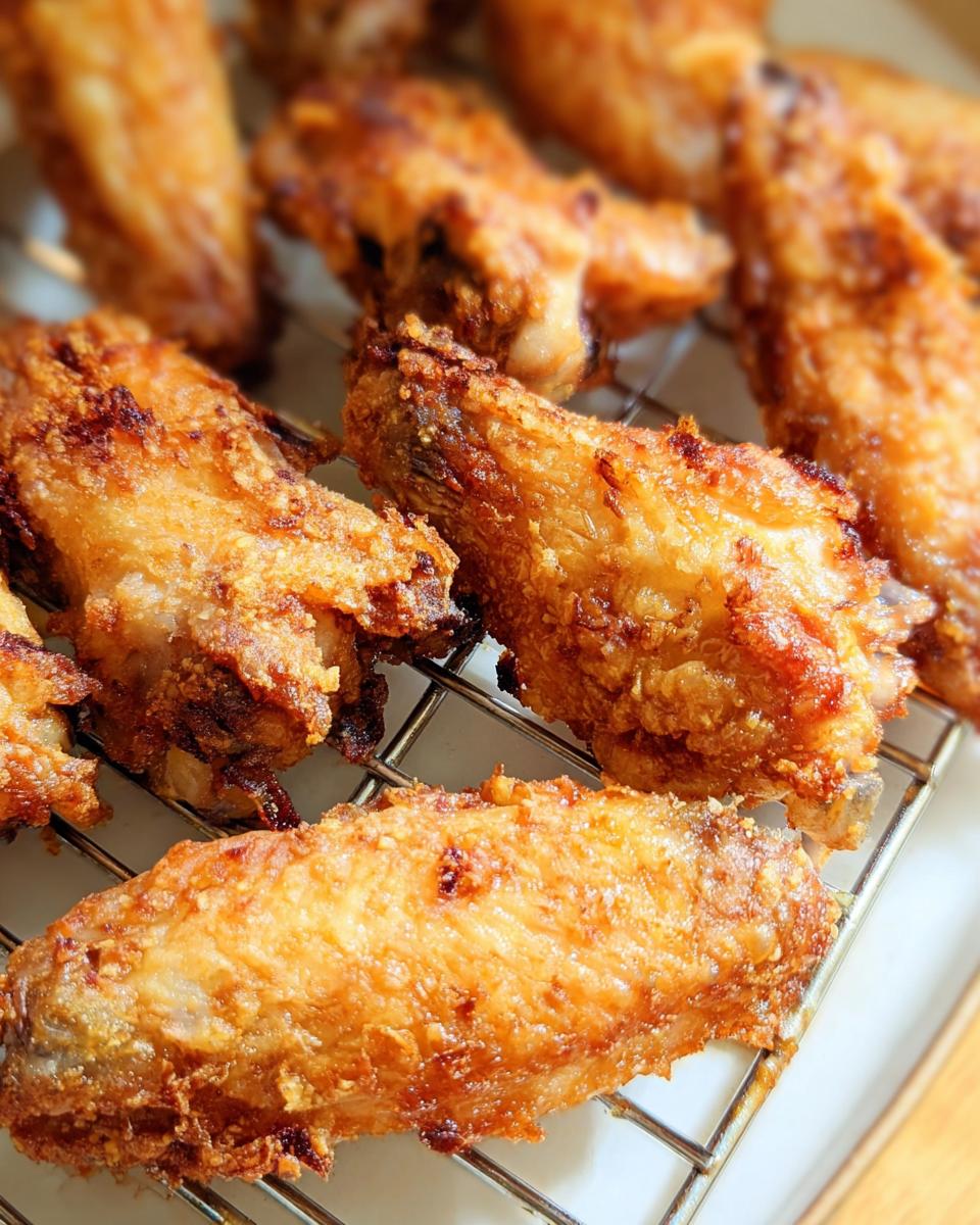 Close-up of golden brown, crispy baked chicken wings resting on a wire cooling rack.