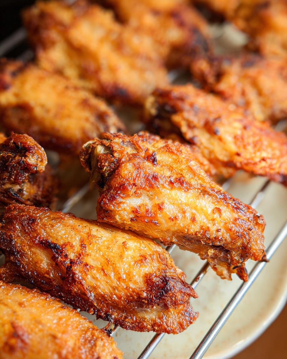 Close-up of golden brown, crispy baked chicken wings resting on a wire rack after cooking.