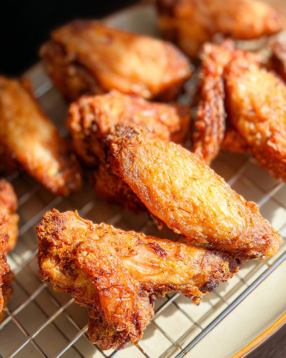 Close-up of golden brown, perfectly cooked Crispy Baked Chicken Wings resting on a wire cooling rack.