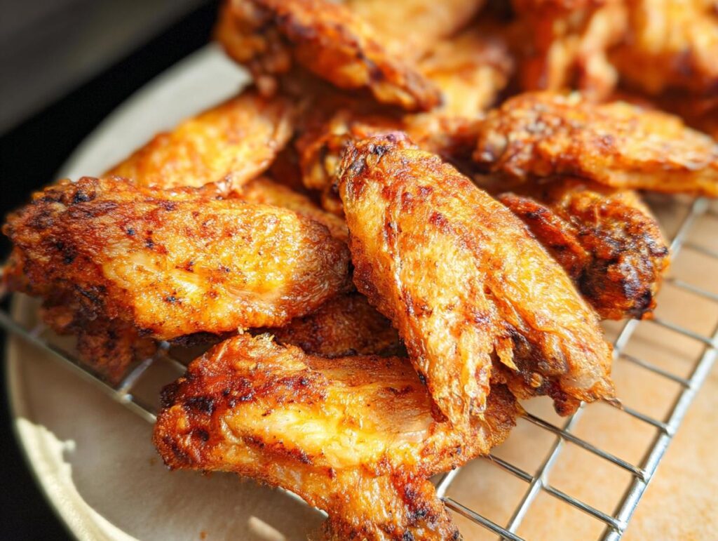 Close-up of golden brown, crispy baked chicken wings resting on a wire cooling rack.