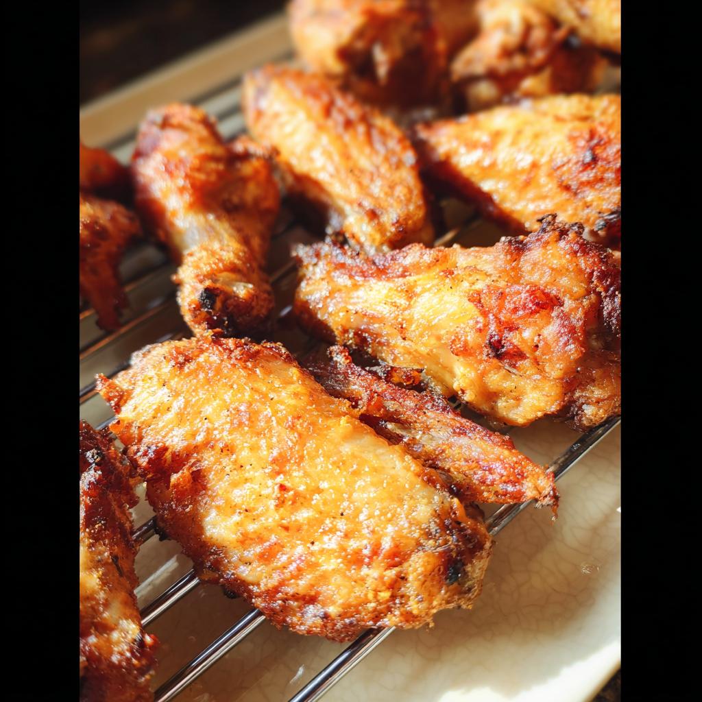 Close-up of golden brown, perfectly Crispy Baked Chicken Wings resting on a metal wire rack.