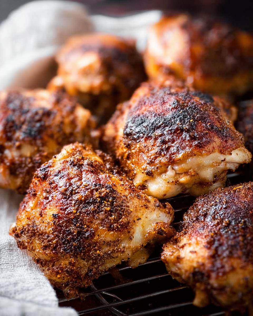 Close-up of perfectly roasted crispy chicken thighs, seasoned with spices, showcasing a juicy interior and golden-brown skin.