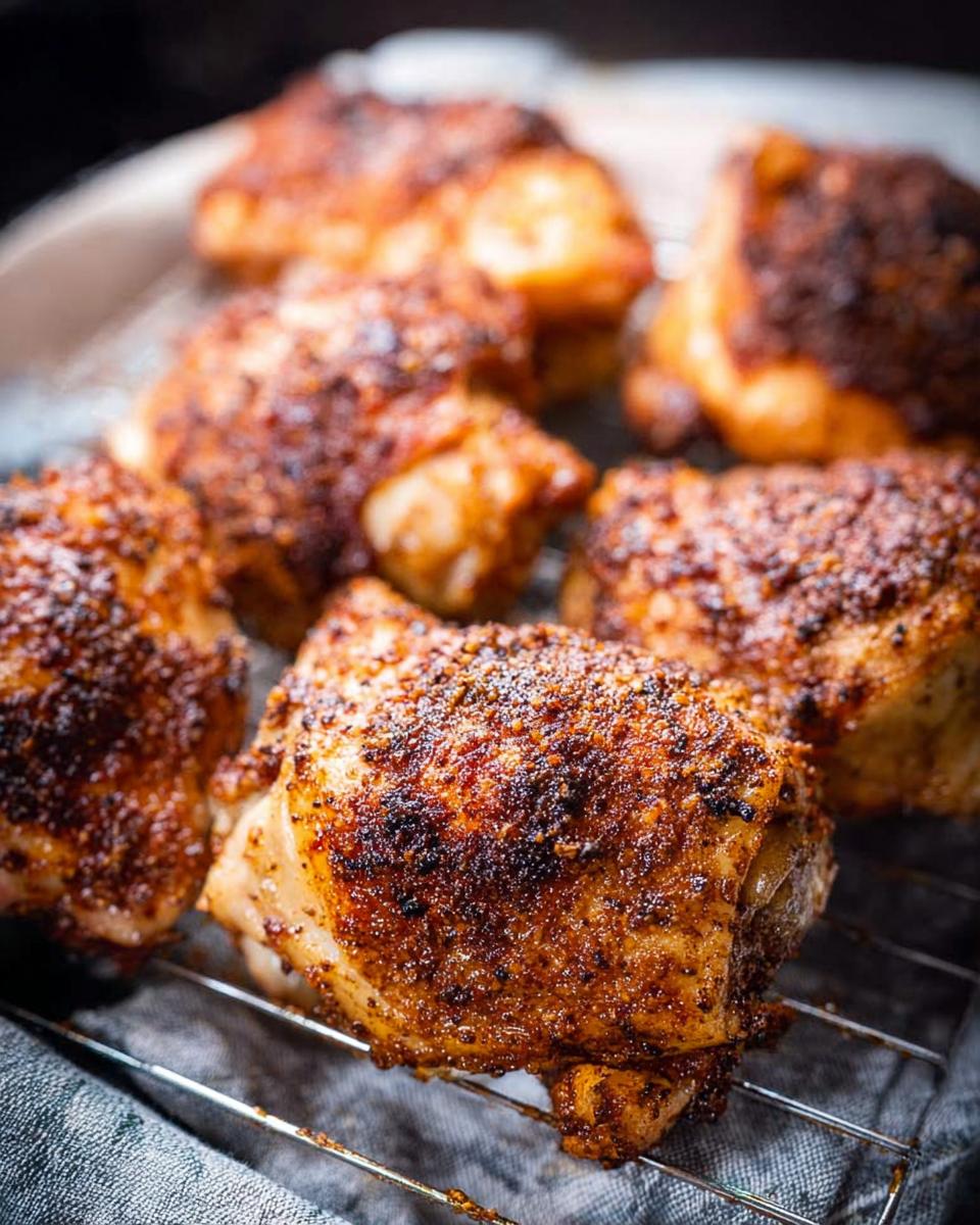 Close-up of perfectly seasoned and crispy chicken thighs, showcasing a juicy interior from the best chicken thigh recipes of 2025.