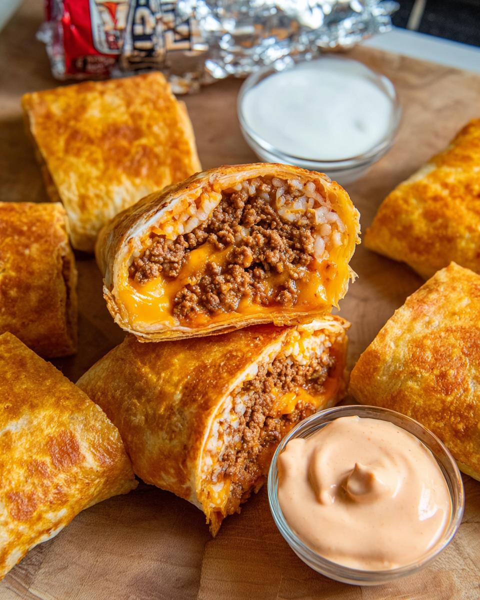 Crispy ground beef burritos filled with seasoned ground beef, rice, and melted cheese, served with dipping sauces.