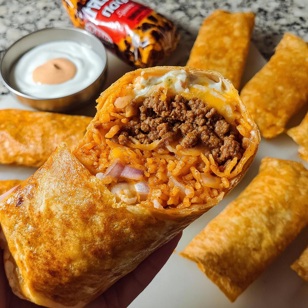A hand holding a crispy fried burrito cut in half, revealing juicy ground beef, rice, and cheese filling. Part of Best Ground Beef Recipes 2025.