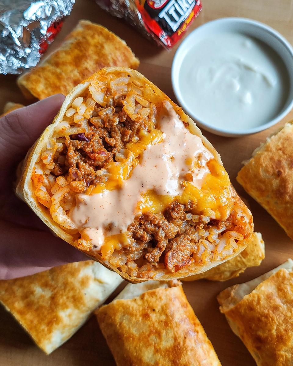 Close-up of a crispy ground beef burrito cut in half, showing juicy seasoned ground beef, rice, melted cheese, and a drizzle of sauce. Part of the Best Ground Beef Recipes 2025.